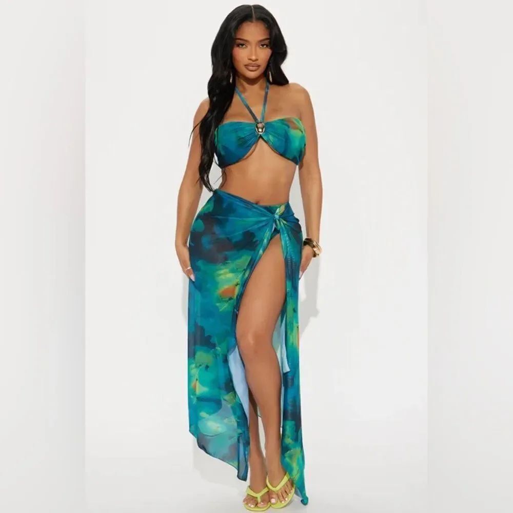 Marina Hardware 3 Piece Bikini & Skirt Set - Green/combo